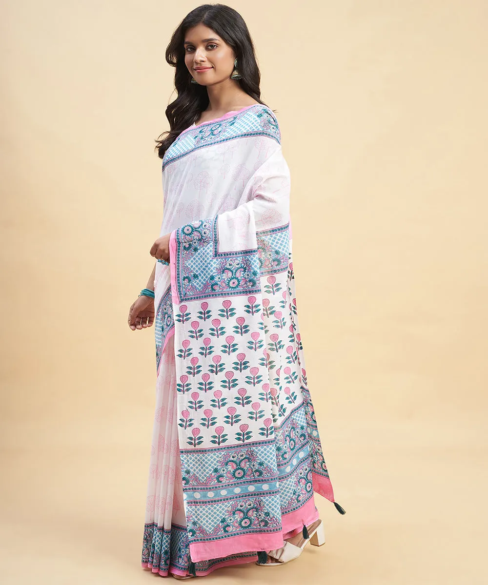 White sky blue cotton hand block sanganeri printed saree