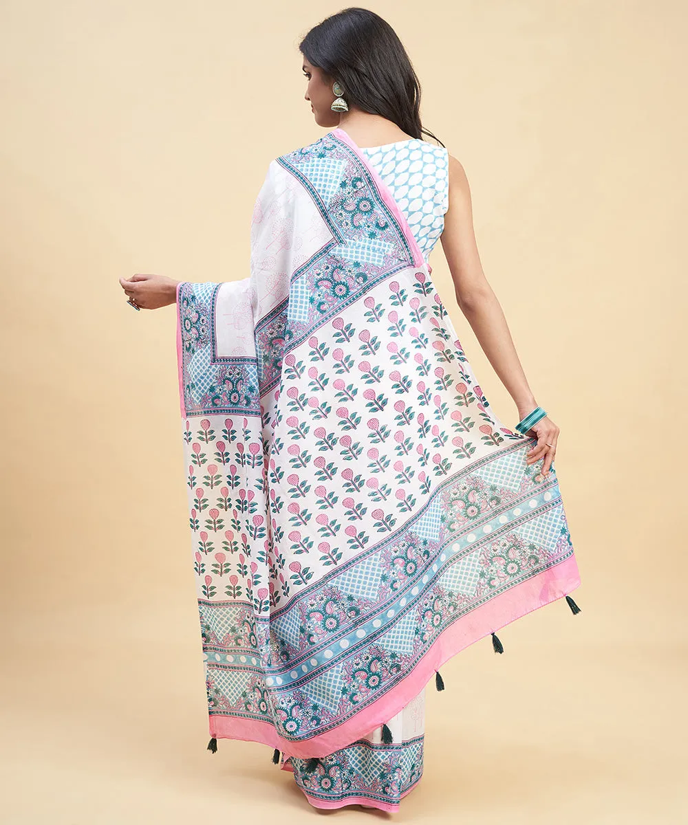 White sky blue cotton hand block sanganeri printed saree