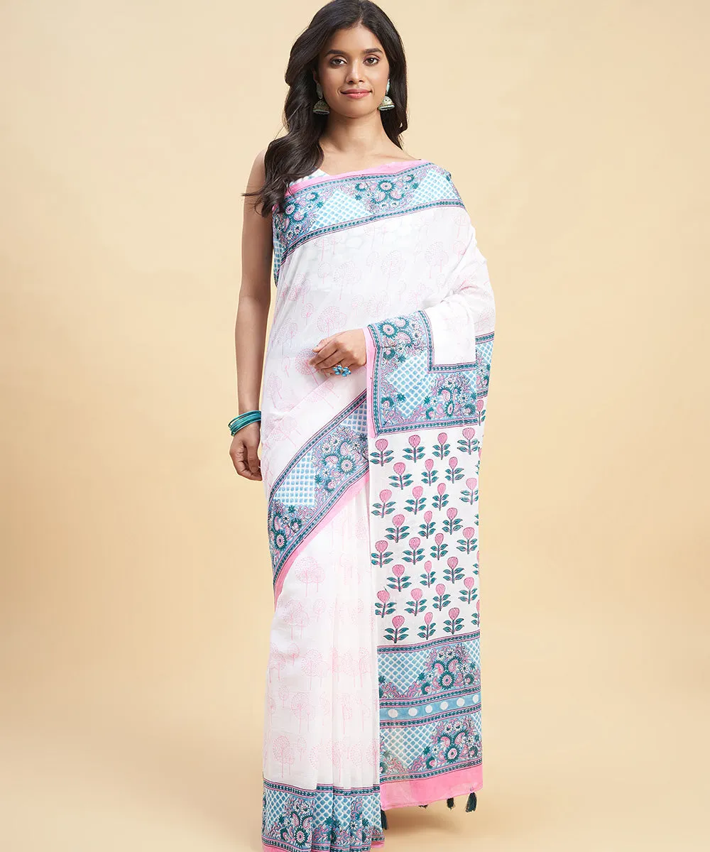 White sky blue cotton hand block sanganeri printed saree