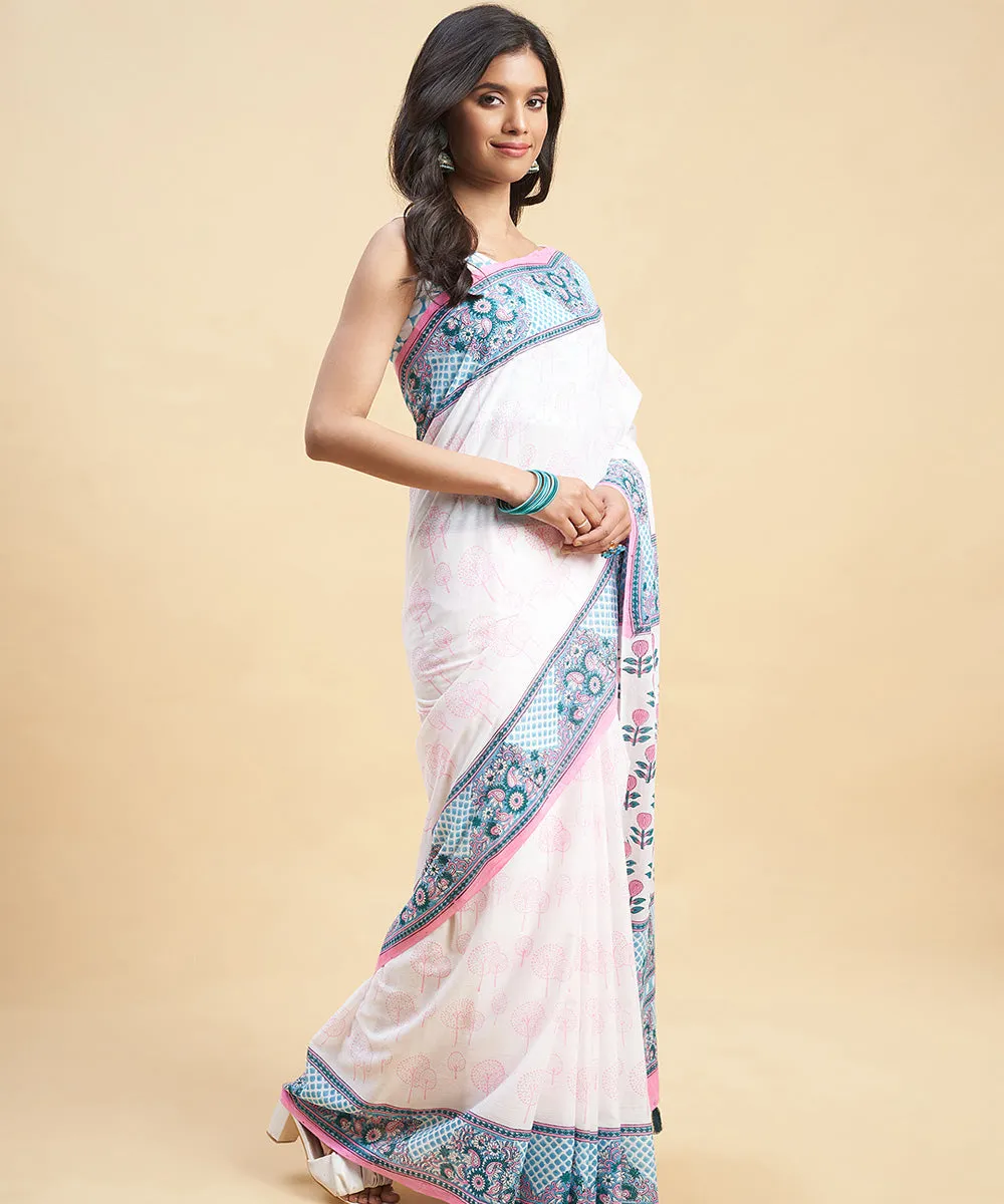 White sky blue cotton hand block sanganeri printed saree