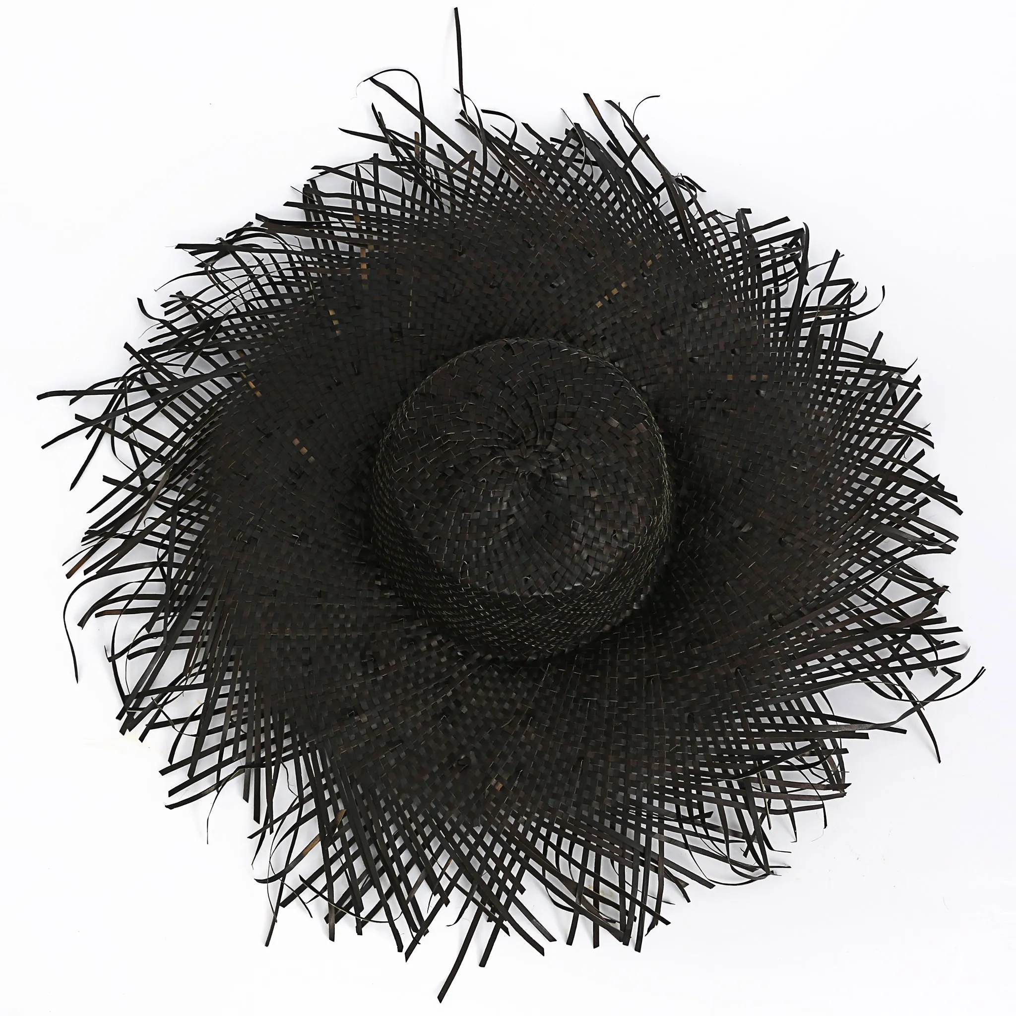 Wide Brim Raffia Straw Frayed Edge Hat-Black