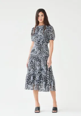 Willow Round Neck Short Sleeve Midi Dress in Navy Animal