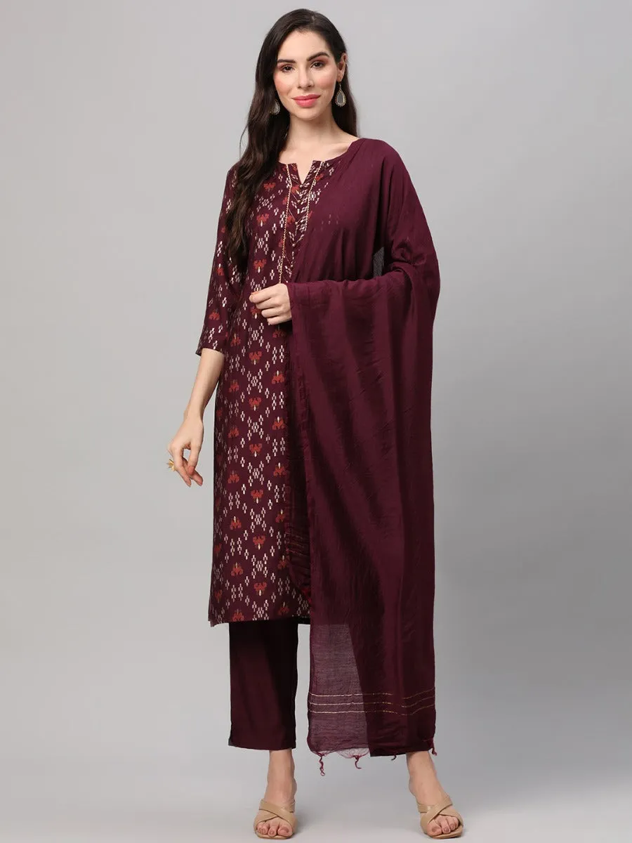 Wine Ornamental Printed Kurta Trouser Dupatta