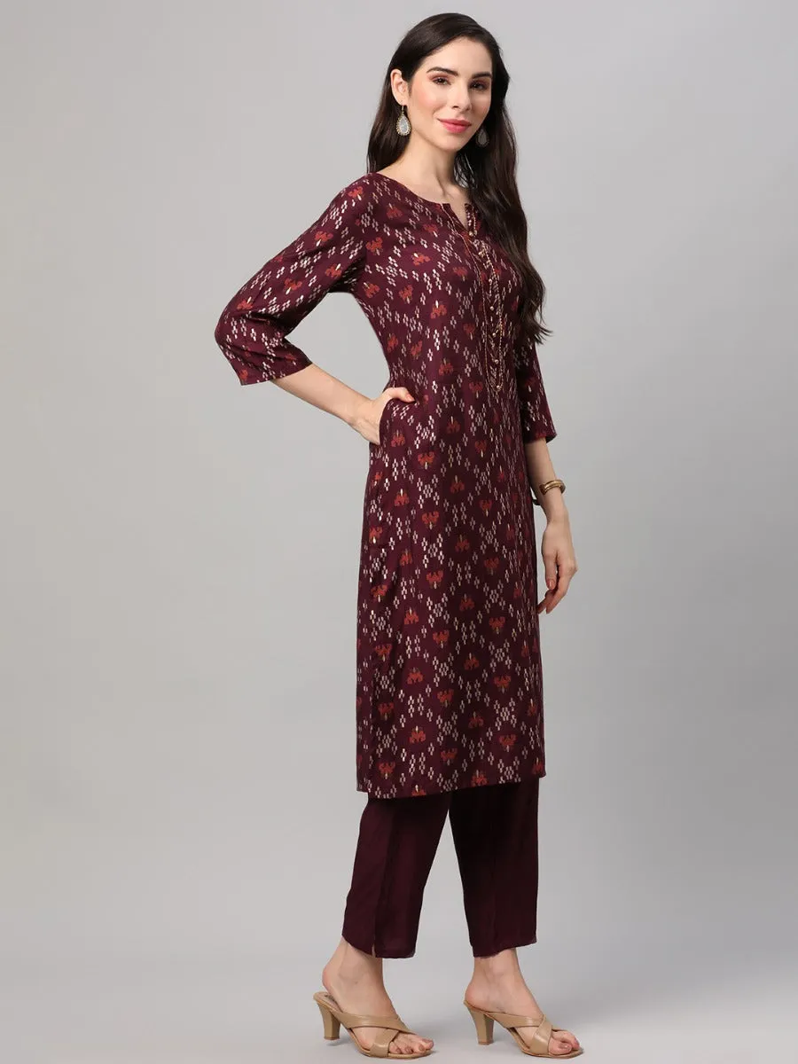 Wine Ornamental Printed Kurta Trouser Dupatta