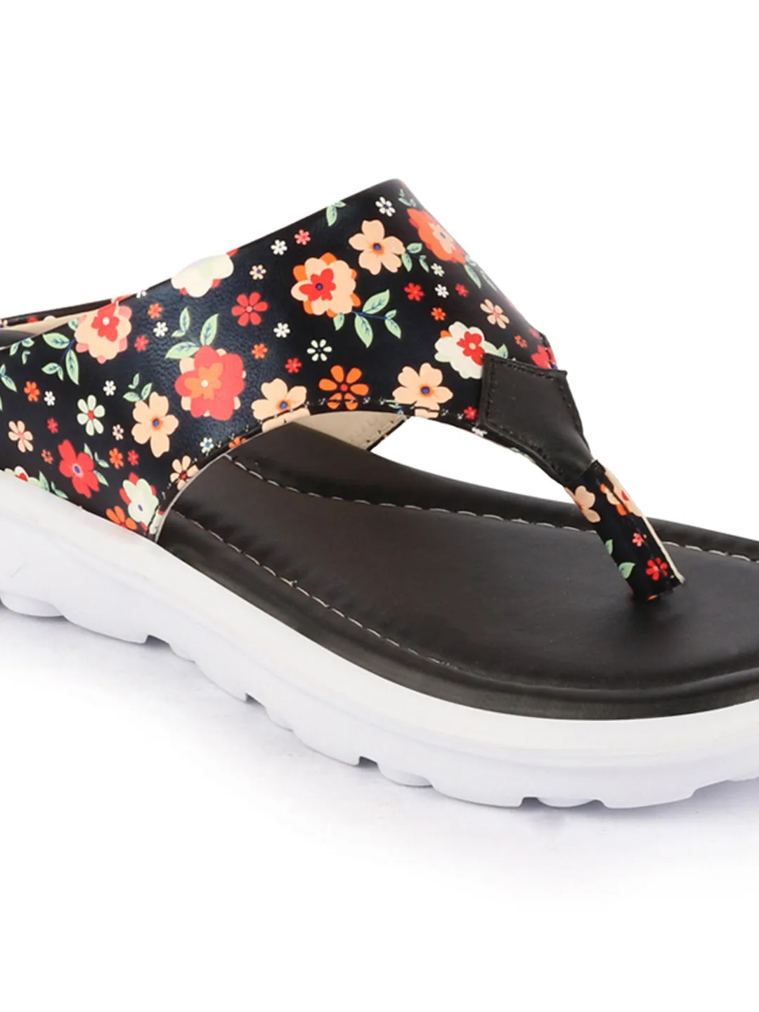 Women Black Comfort Fashion Stylish Floral Print Design Strap Thong Flats Wedges Slipper