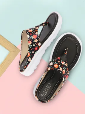 Women Black Comfort Fashion Stylish Floral Print Design Strap Thong Flats Wedges Slipper