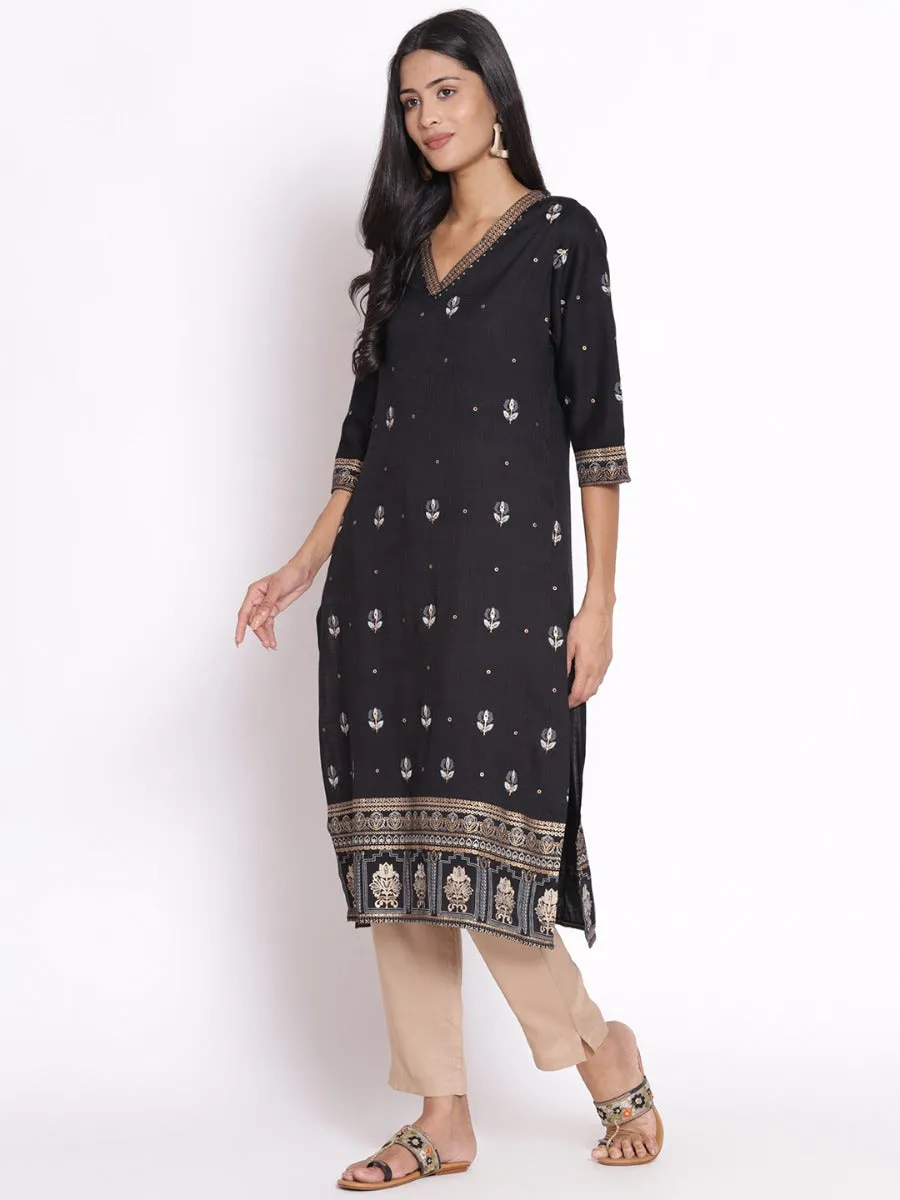 Women Black Floral Printed Kurta Trouser Dupatta