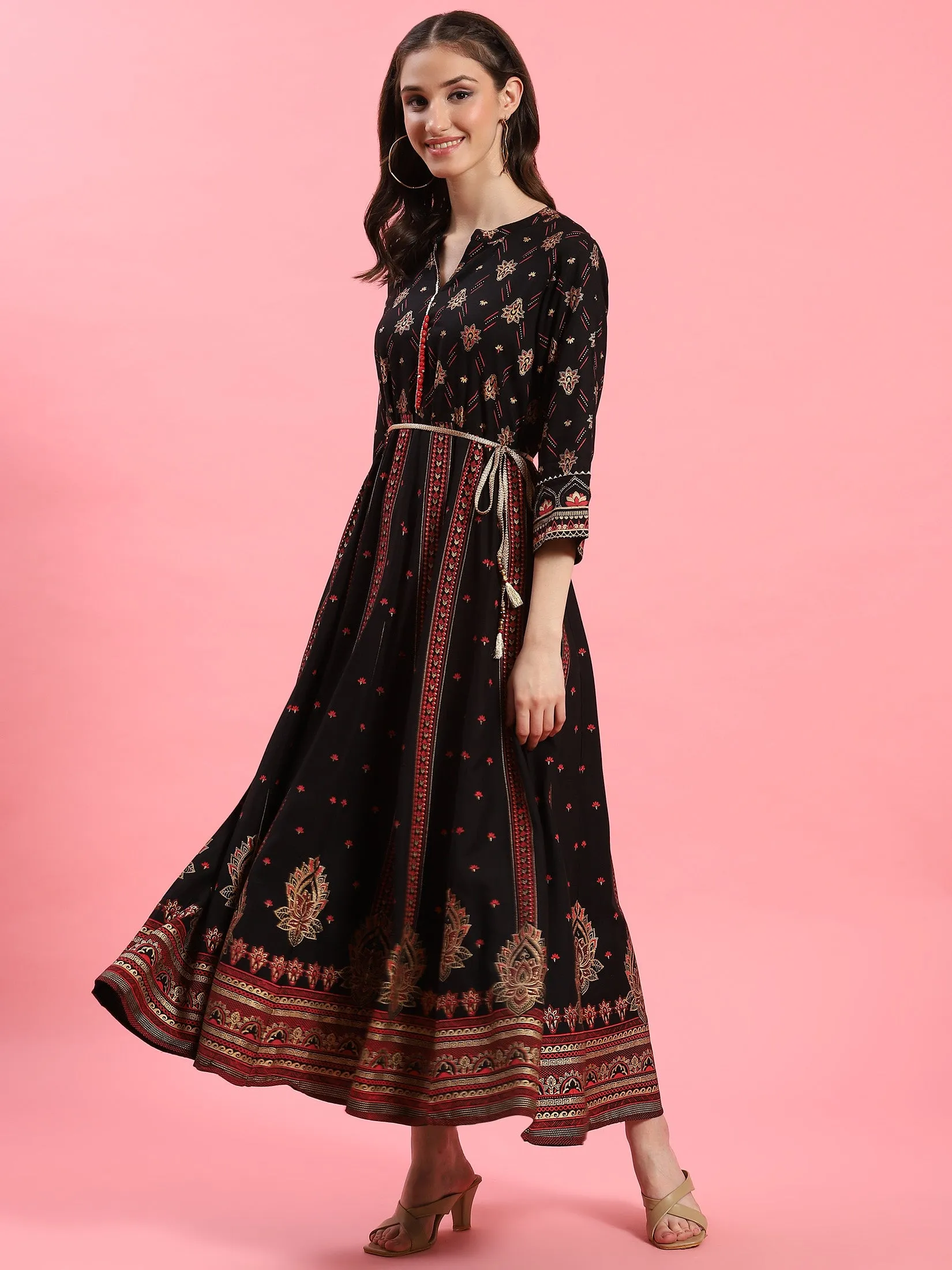 Women Black Ornamental Printed Dress