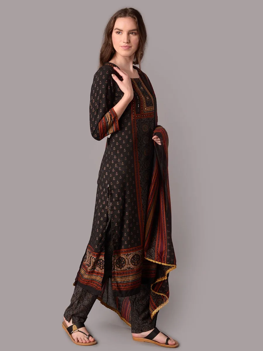 Women Black Ornamental Printed Kurta Trouser Dupatta