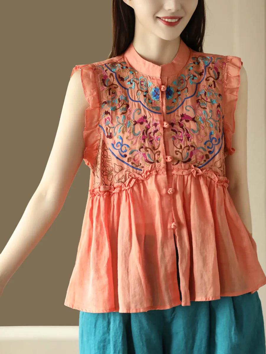 Women Vintage Embroidery Frog Agaric Lace Sleeveless Shirt