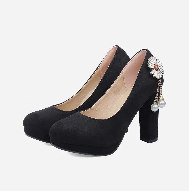 Women's Flower Pearl Platform Pumps High Heels