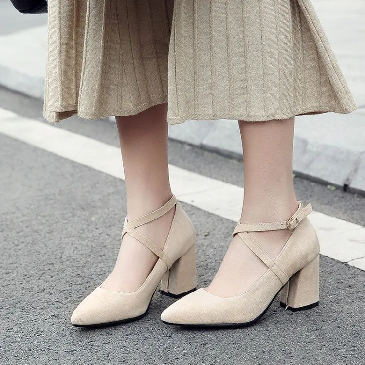 Women's Pointed Toe Buckle High Heeled Chunky Heels Pumps