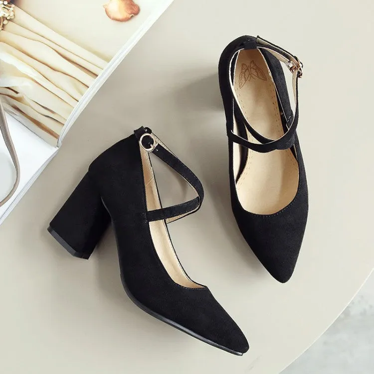 Women's Pointed Toe Buckle High Heeled Chunky Heels Pumps