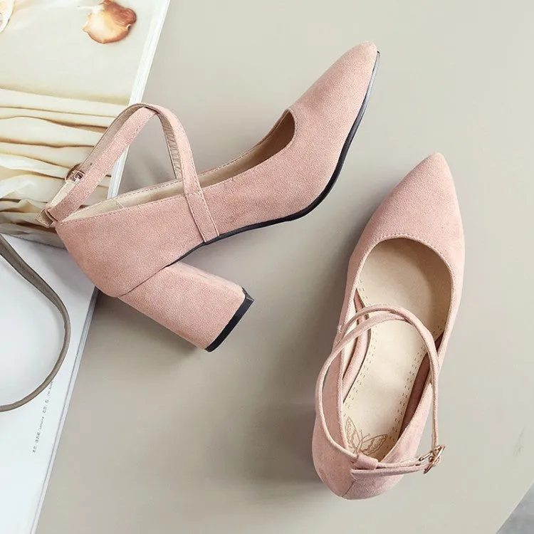 Women's Pointed Toe Buckle High Heeled Chunky Heels Pumps