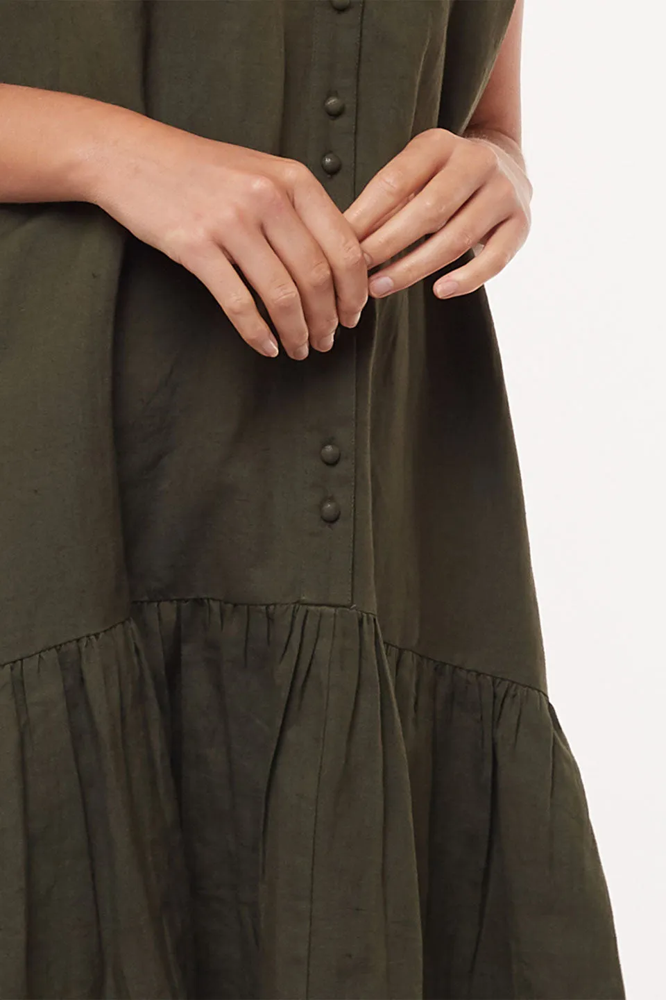 Yara SL Dark Olive Tiered Linen Blend Midi Dress