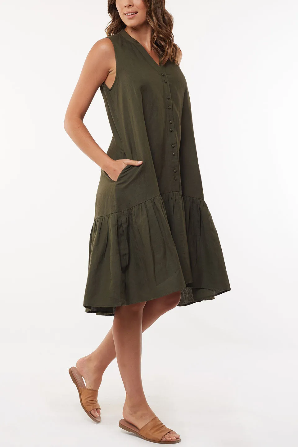 Yara SL Dark Olive Tiered Linen Blend Midi Dress