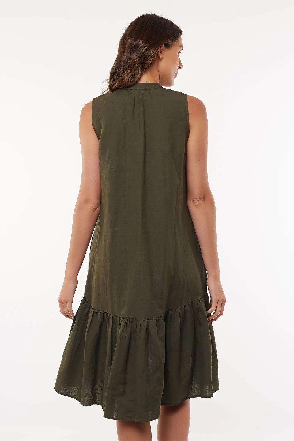 Yara SL Dark Olive Tiered Linen Blend Midi Dress