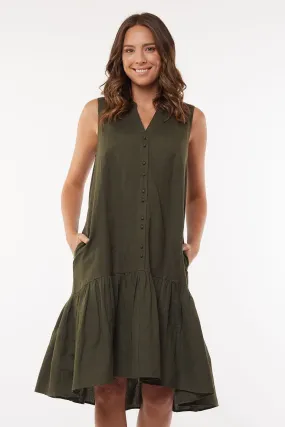 Yara SL Dark Olive Tiered Linen Blend Midi Dress