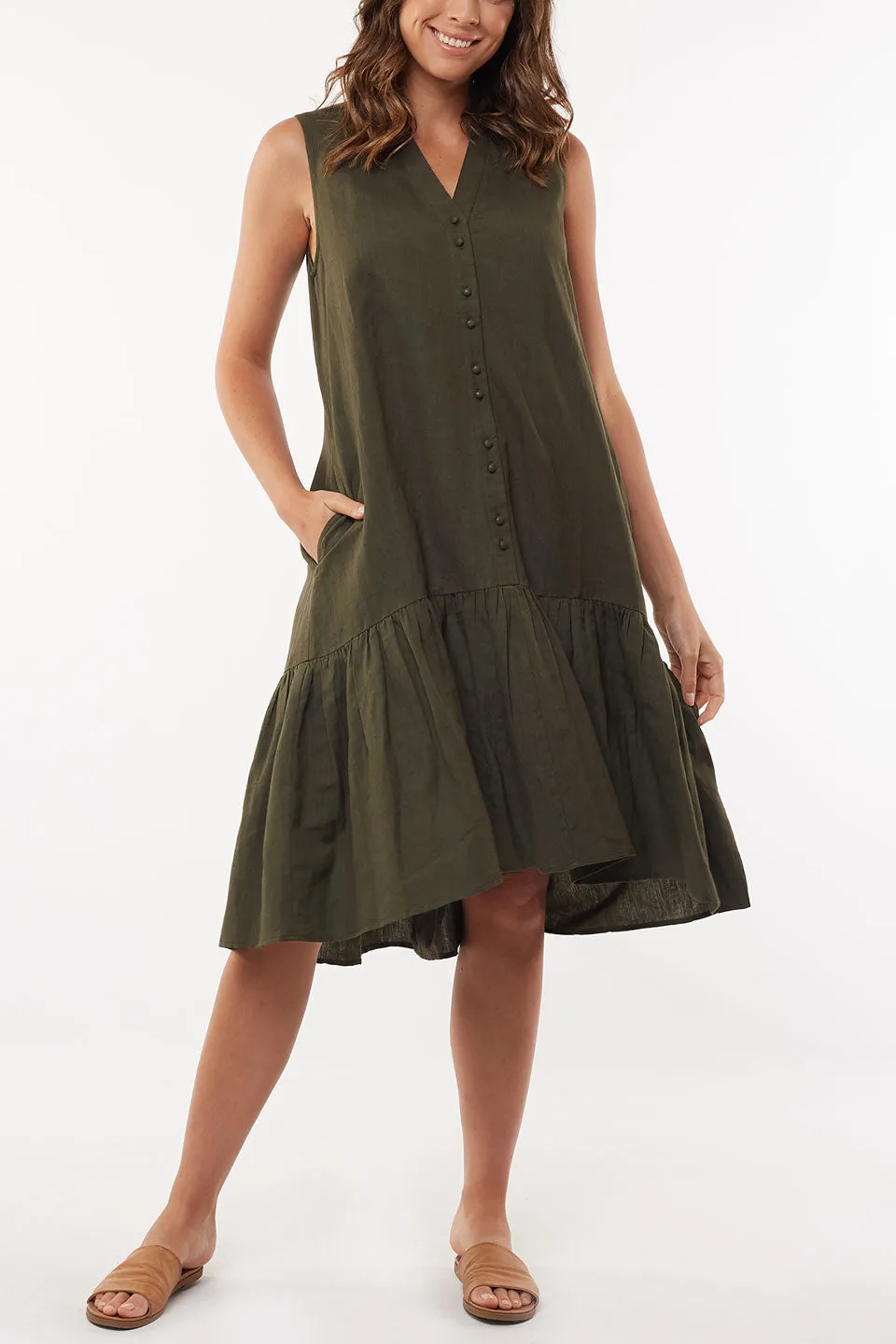 Yara SL Dark Olive Tiered Linen Blend Midi Dress