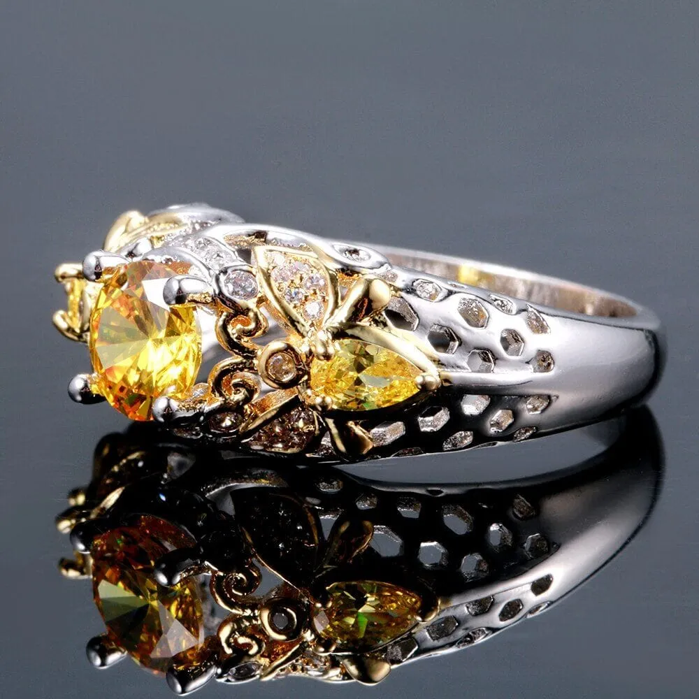 Yellow Citrine Bee Ring - 925 Sterling Silver