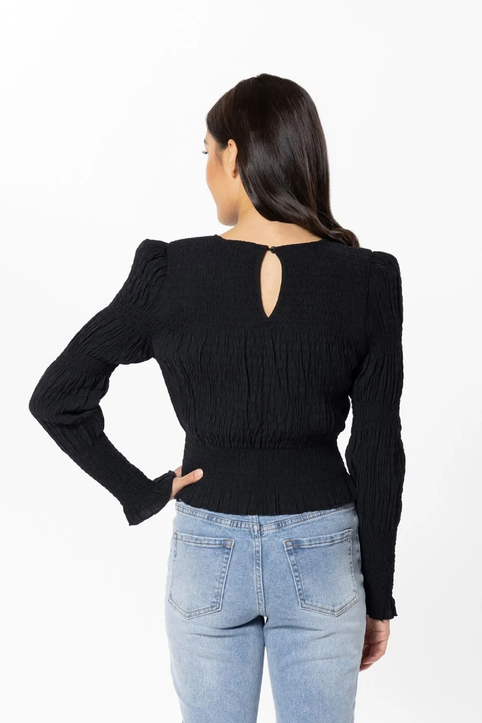 Youthful Black Shirred LS Top