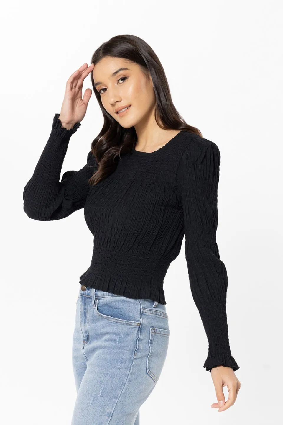 Youthful Black Shirred LS Top